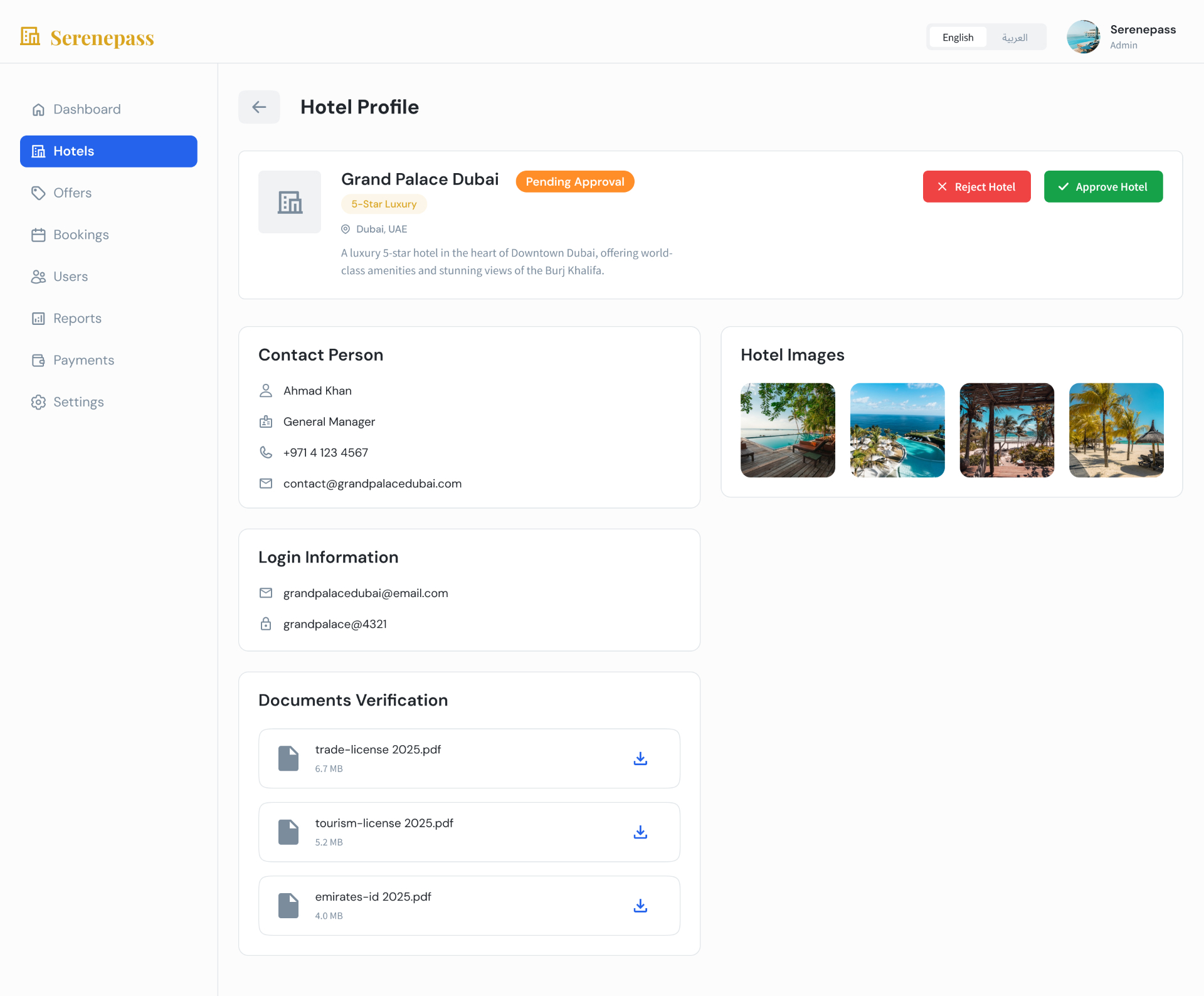 Hotel Profile — Pending Approval — Serenepass Admin Dashboard