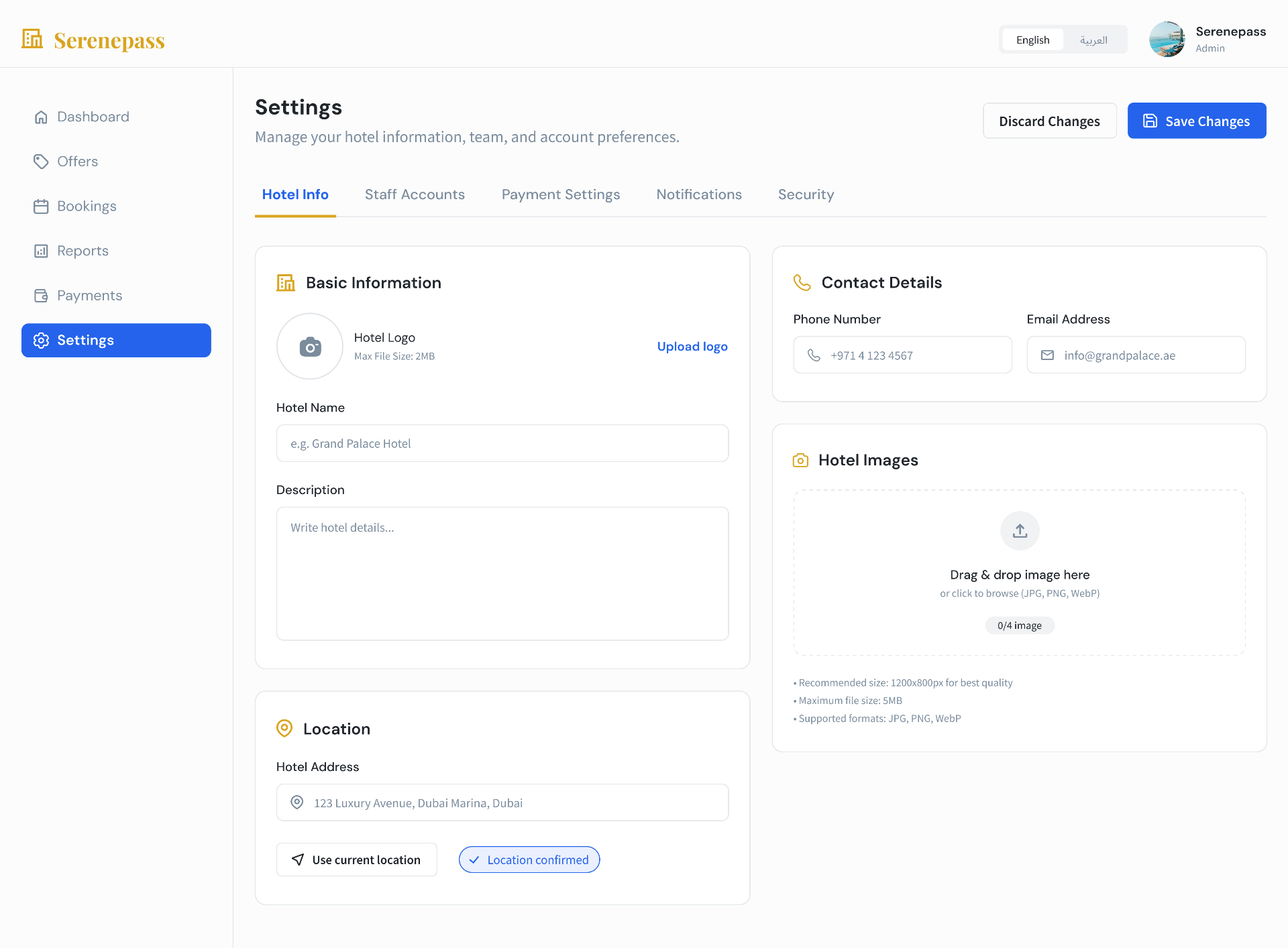 Settings — Hotel Info