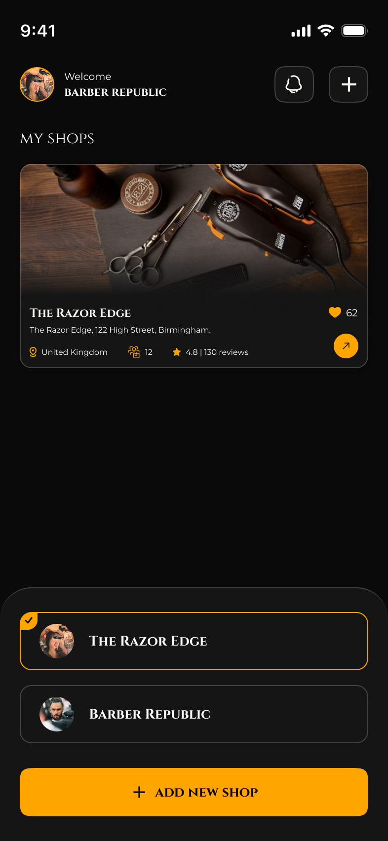 My Shops & Add Shop — Zulfy Barber App