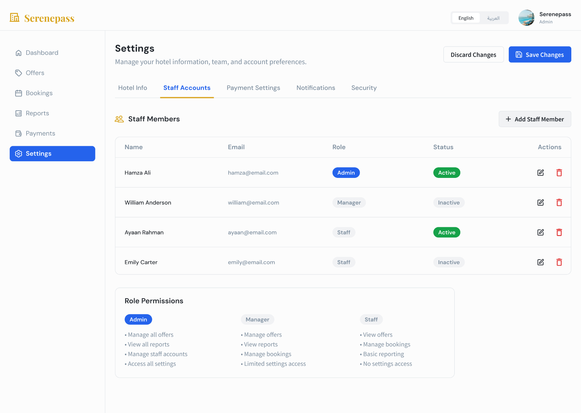 Settings — Staff Accounts