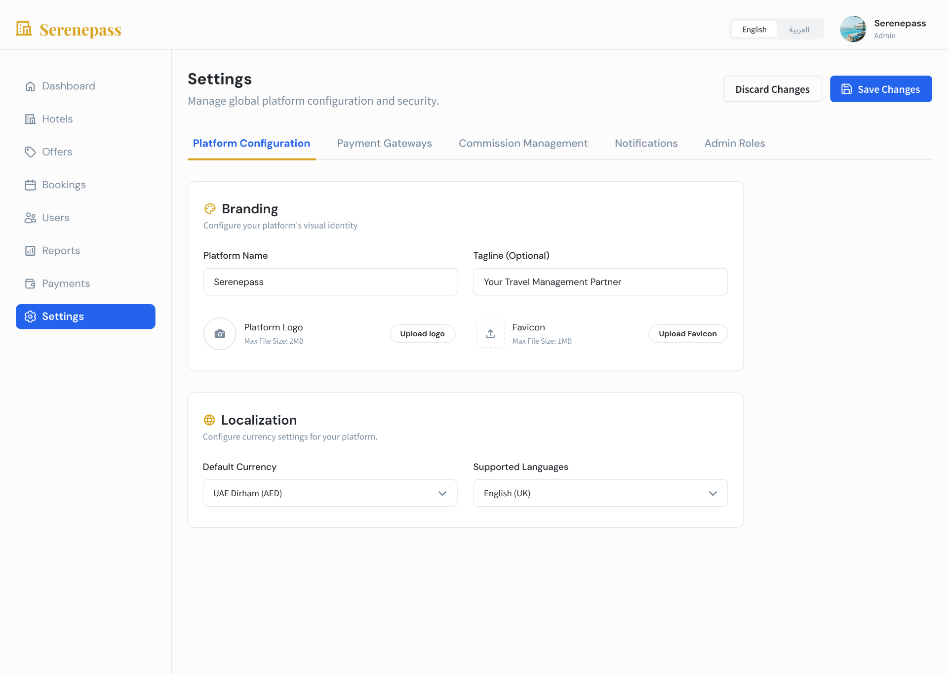 Settings — Platform Configuration — Serenepass Admin Dashboard